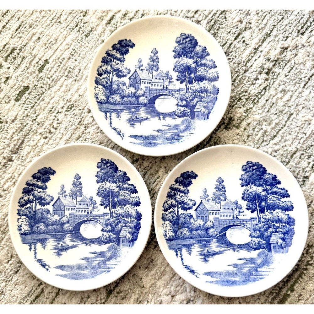 3 Nasco Hand Painted Dessert or Salad Plates Lakeview Japan Blue & White Vintage
